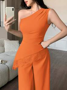abyoxi Women's Pea Green Sleeveless Ruched Waist Lace Patchwork Asymmetric Hem Top With Wide Leg Pants 2-Piece Set, Sexy & Elegant, Suitable For Work Commute - Orange - View 6