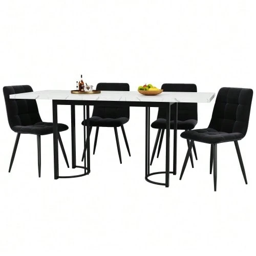 Dining Set (5 Pieces), Extendable Table For 4 People, Rectangular Table 140 X 80 Cm With 4 Chairs, Metal Frame, Black Velvet Chairs. - 黑與白 - 查看 1