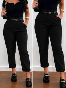 Women's High-Waisted Tailored Trousers With Belt | Elegant Formal Trousers With Pocket And Side Zipper - 01黑色 - 查看 1
