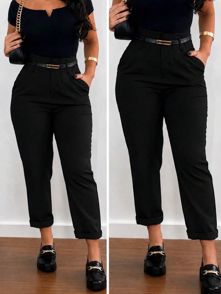 Women's High-Waisted Tailored Trousers With Belt | Elegant Formal Trousers With Pocket And Side Zipper - 01黑色 - 查看 1