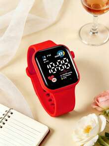 Juego de 6 piezas: Reloj digital LED cuadrado lindo para niñas combinado con pulsera de mariposa de perlas, collar, aretes y anillo, un regalo perfecto para niños. - Rojo - Ver 3