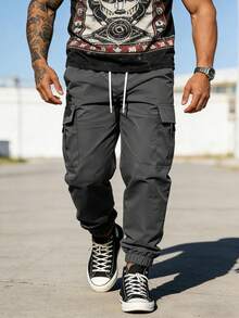 Plus Size Men's Casual Cargo Pants, Drawstring Waist Multi-Pocket Outdoor Sports Pants Fall - Grey - View 5