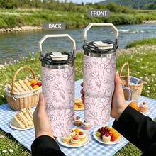 1pc/5pcs 30oz Stainless Steel Insulated Tumbler, Pink Floral Print, Keeps Cold And Hot. Equipped With Leak-Proof Lid, Straw And Portable Handle, Suitable For Indoor Daily Use And Outdoor Travel, A Delicate Birthday Gift For Floral Lovers. - Light Pink - Small Flowers - View 5