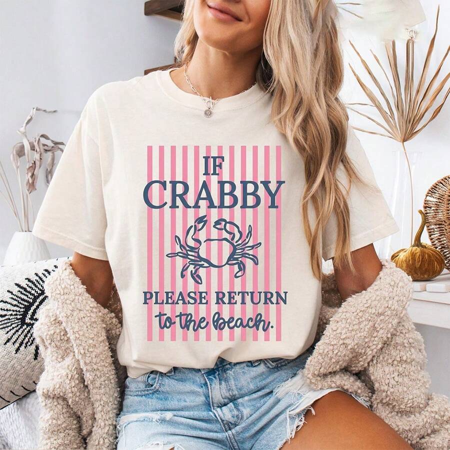Women's T-Shirt If Crabby Please Return To The Beach Printed Tee, Casual Lightweight Breathable Round Neck Women Tops, Short Sleeve Tees For Summer - 白色2 - 查看 1