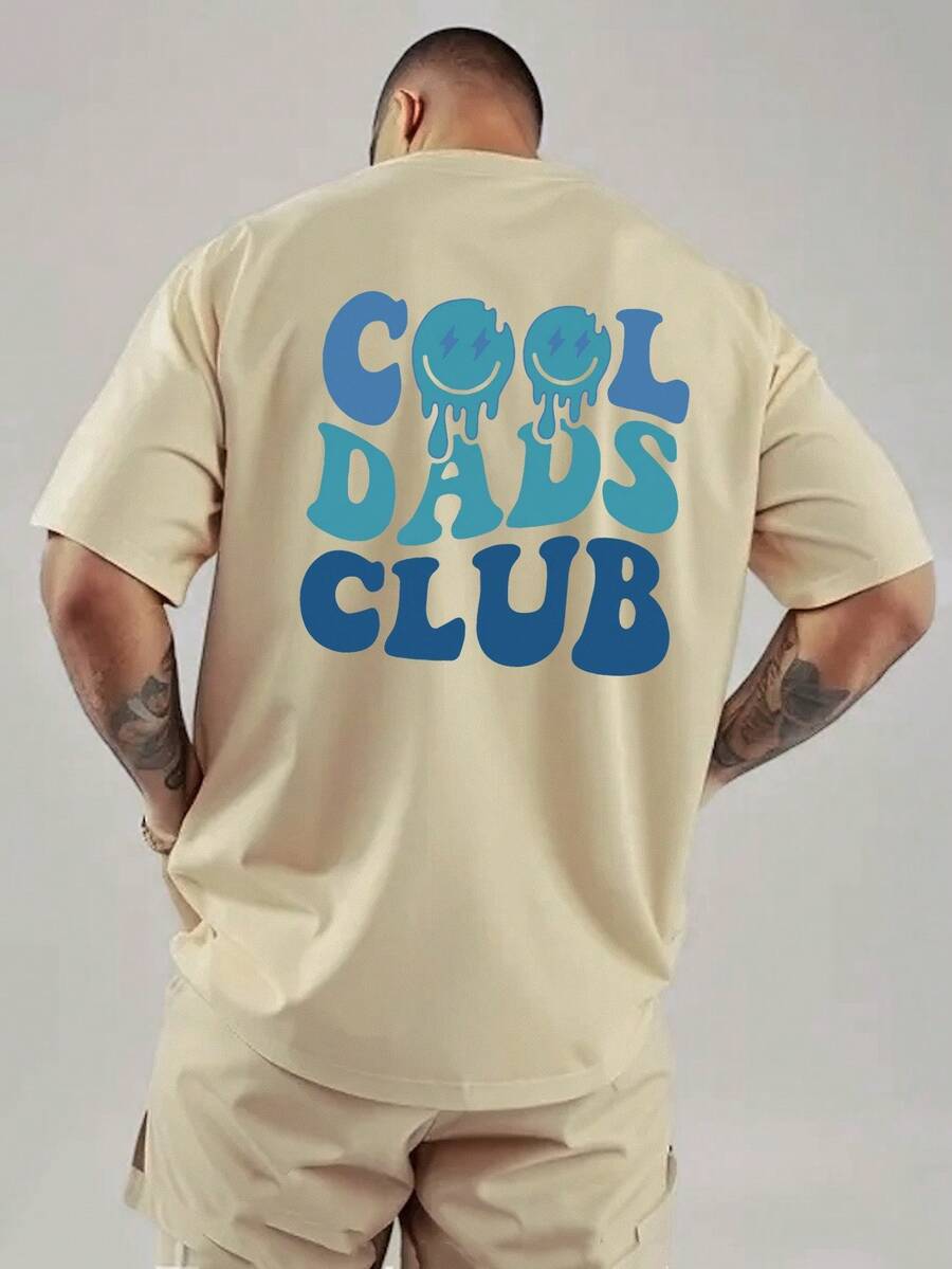 Men's Lightweight And Comfortable T-Shirt With Lightning Bolt Print, Smile And "Blue Cool Dad Club" Lettering, Double-Sided Print, Ideal Gift For Dad Or Friend, Christmas Present. - 卡其色 - 查看 1
