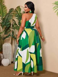 BIUBIU Robe élégante grande taille imprimé africain, robe longue verte fluide avec taille ceinturée, robes d'été pour femmes vacances fête - Vert - Voir 2