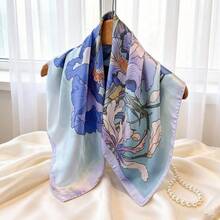 1件裝女款仿絲綢圍巾，裝飾性領巾，百搭印花絲巾，頭巾，繫巾，適合日常使用，70cm正方形 - 淺藍色 - 查看 2