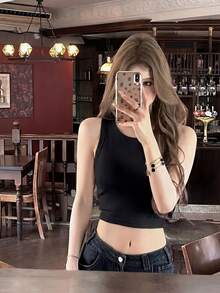 女款純色無袖圓領羅紋針織背心上衣，修身黑色夏季優雅休閒甜美性感街頭風 - 黑色 - 查看 7