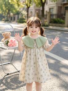 Baby Girl Ditsy Floral High-Neck Flounce Dress, Summer - Green - View 2