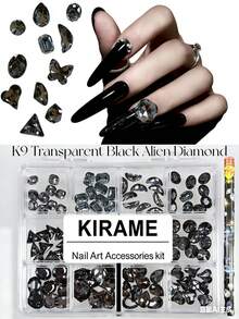 KIRAME 120顆深灰色尖形水鑽，K9玻璃多形狀鑽石混裝 6-14mm 美甲裝飾套組，含點花工具，DIY沙龍美甲，適用聖誕、夏季、假期美甲，美甲配件，美甲鏈條美甲飾品 - 深灰色 - 查看 6