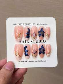 10 piezas Uñas postizas de gel 3D estilo Y2K semi-hechas a mano con forma de almendra, diseño francés blanco con flores azul oscuro de gel 3D, strass y perlas doradas, uñas de primavera y verano, uñas acrílicas falsas de ajuste completo, suministros de uñas adecuados para mujeres para uso diario, trabajo, estudio y fiestas. - Multicolor - Ver 2