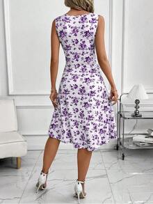 Clasi Summer Elegant Office Lady Comfortable Round Neck Sleeveless Ruched Waist Fitted Dress Women,Summer Dresses Women - 紫色 - 查看 2