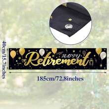 Striscione per il pensionamento felice nero e oro con palloncini scintillanti, design con fotocamera e viaggio, cartello da cortile 185 * 40cm in fibra di poliestere, superficie per decorazione sfondo festa di pensionamento per esterno e interno con fibbia in metallo, forniture per festa di celebrazione del pensionamento - Visualizzare 8