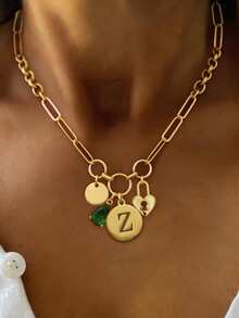 1PC Gold Luxury A-Z Letter Necklace, Unique Lock Tag And Green Diamond Letter Chain, Initial Letter Pendant,For Women's Exquisite Daily Work Decor - Yellow Gold - View 18