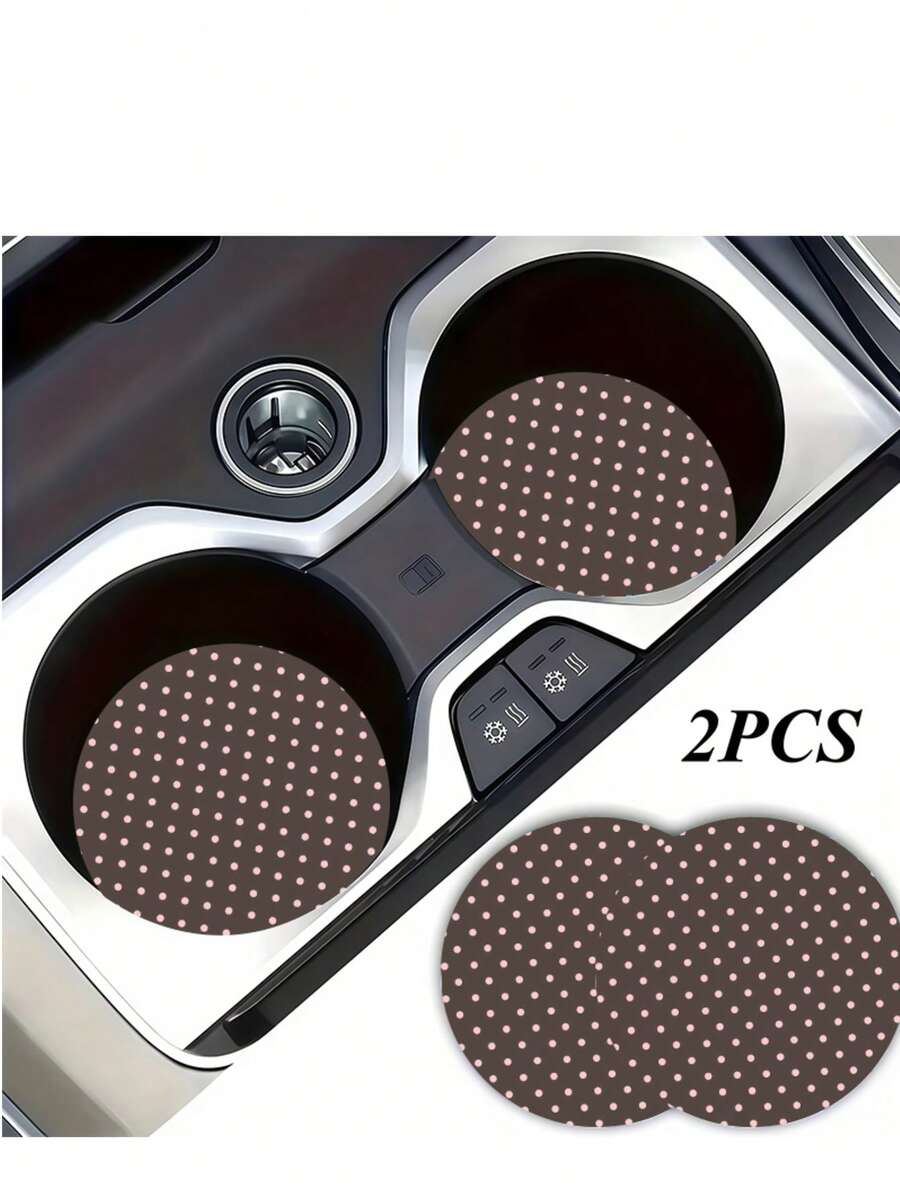 2pcs Light Pink Polka Dot Car Cup Holders, Vintage Brown Background Pink Polka Dot Style, Protect Car Interior Space, Easy To Clean, Suitable For SUV Or Any Other Car Models. Universal Car Interior Accessories, Unisex Car Cup Holders - Brown and Light Pink Polka Dots - View 1