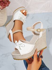 Plus Size Women's Retro Solid Color Buckle Wedge Platform Sandals - White - View 5