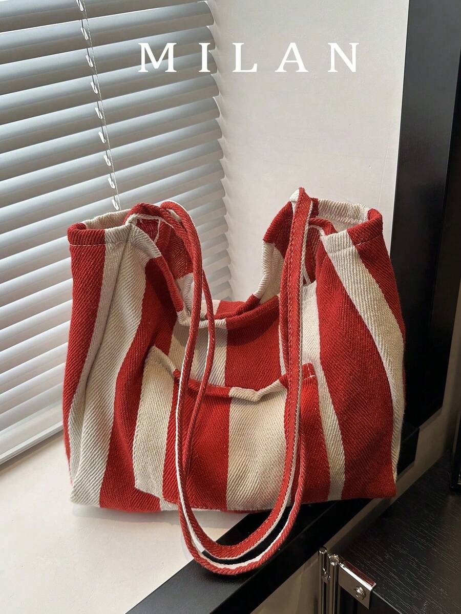 2026 Nuevo Bolso de Lona a Rayas con Estilo Retro, Gran Capacidad, Uso Versátil, para Trabajo, Escuela y Actividades al Aire Libre, Se Puede Usar como Mochila - Naranja - Ver 1