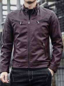 Men's Leather Jacket Thermal Lined Thickened Winter - Burgundy - View 2