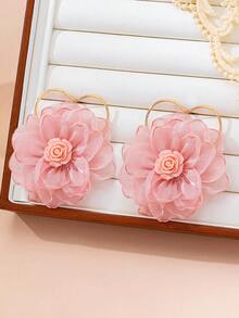1 Pair Heart-Shaped Sweet Lace Fabric Floral Earrings, Suitable For Women's Beach Vacation/Date Wear - Multicolor - View 3