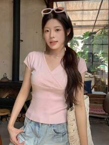 韓式交叉V領短袖針織上衣 女款 夏季修身顯瘦 時尚百搭通勤襯衫 粉色 - 粉色 - 查看 5