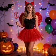 Set Kostum Setan Kecil Merah Halloween 4pcs/Set, Termasuk Bando Setan Merah, Sayap Merah, Garpu Setan, Rok Tulle Merah, Cocok Untuk Acara Liburan, Pesta Tema, Pesta Topeng, Pertunjukan Panggung, Kostum Halloween, Properti Cosplay - beraneka warna - View 9