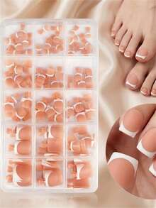 150Pcs/Caja 0#-14# Uñas postizas para pies mate nude estilo francés preformadas degradadas cortas cuadradas de varios tamaños con borde blanco para verano - Multicolor - Ver 2