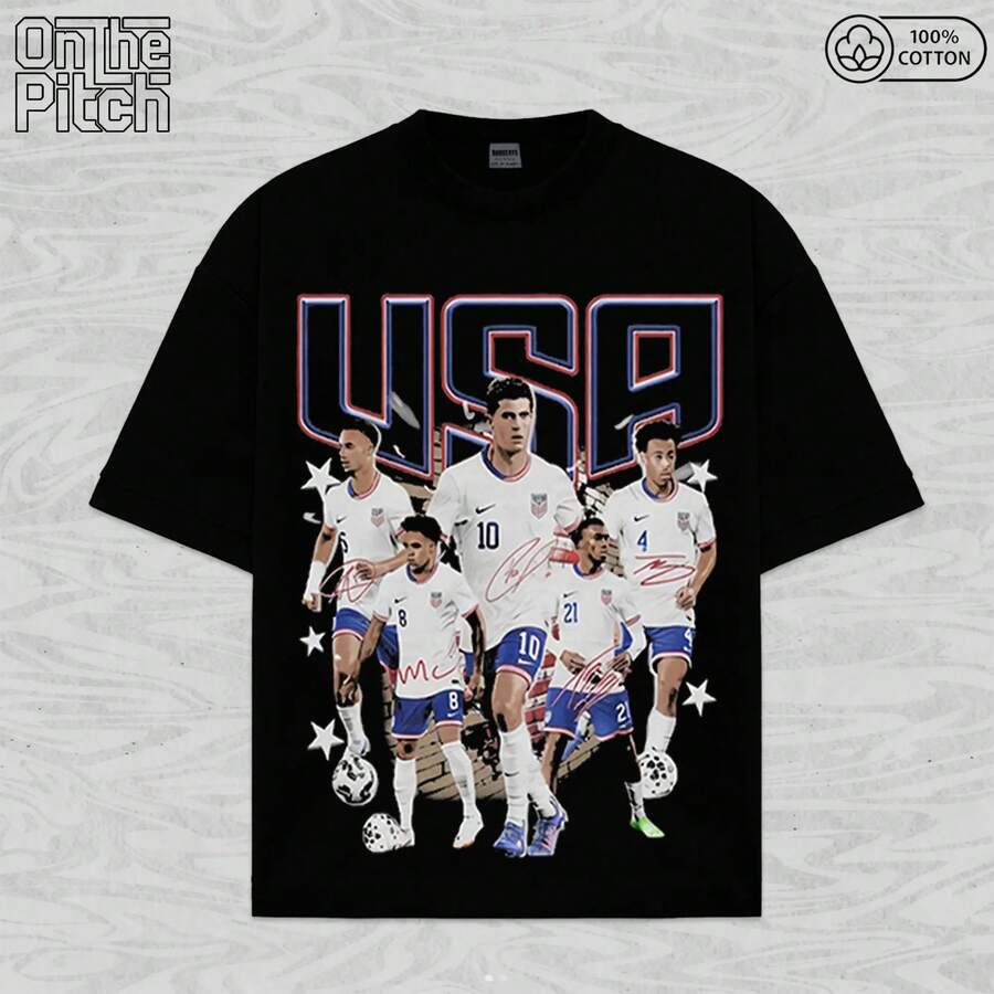 FIFA-Vintage USA National Team Collection Soccer Graphic Tee - Christian Pulisic & USMNT Legends Bootleg Shirt, 100% Cotton Oversized Streetwear, Patr - 黑色1 - 查看 1
