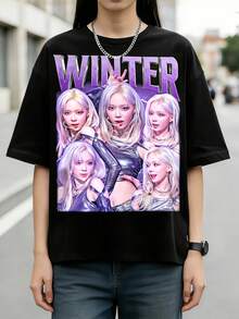 Aespa Winter Five Pose Stage Portrait Purple Gradient Vintage  Cotton T-Shirt - Black - View 1