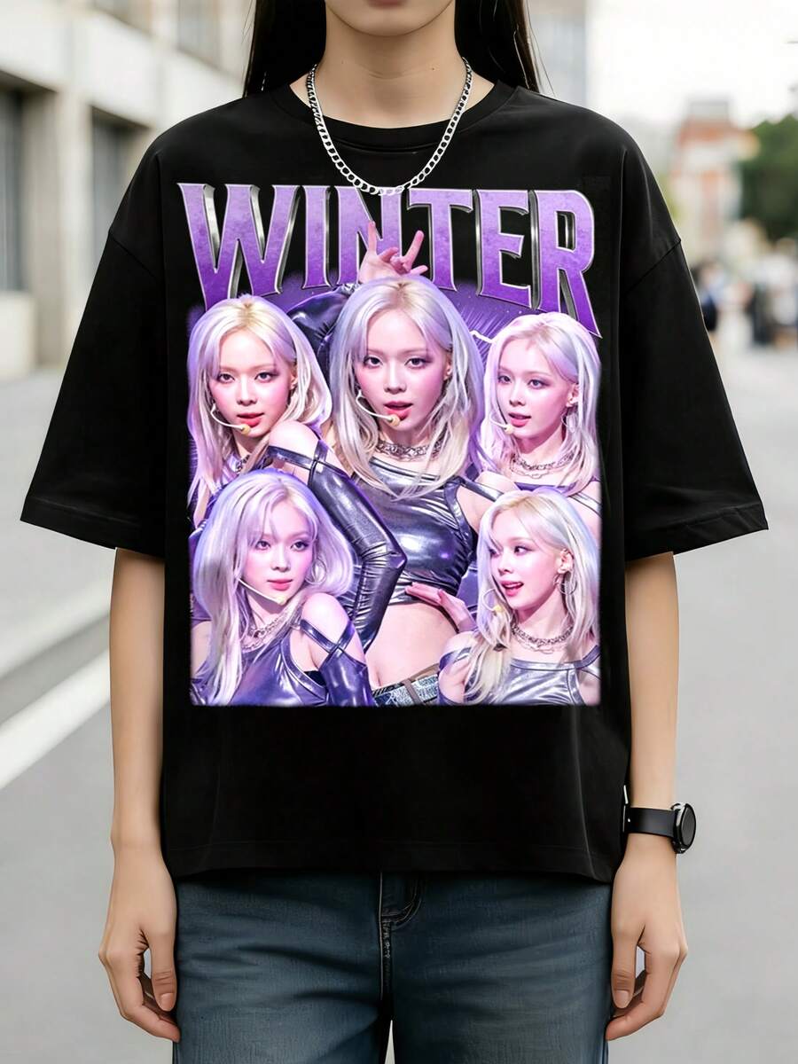 Aespa Winter Five Pose Stage Portrait Purple Gradient Vintage  Cotton T-Shirt - Black - View 1
