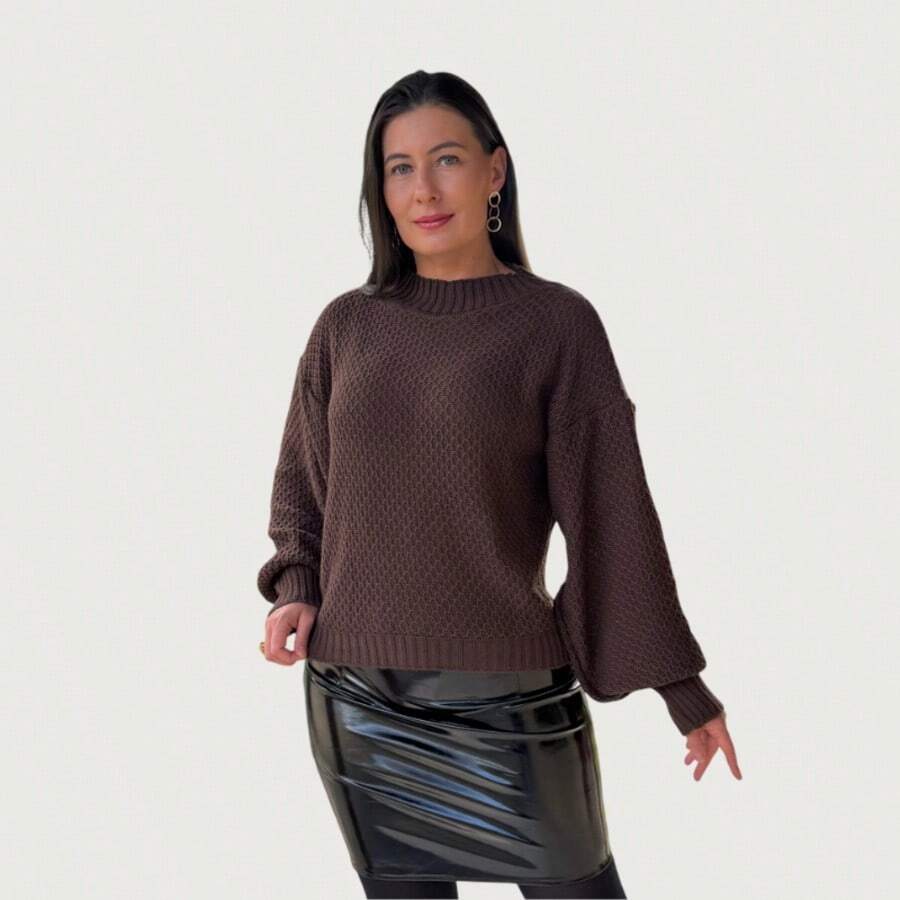 Winter Knit Blouse With Crochet Detail - Lucky Blogger - 鏽棕色 - 查看 1