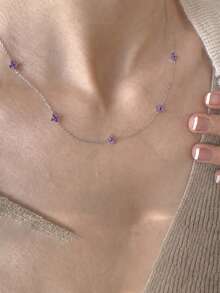 1pc New Fashion Silver Purple Zirconia Floral Chain Necklace Jewelry - Silver-purple Diamond - View 4