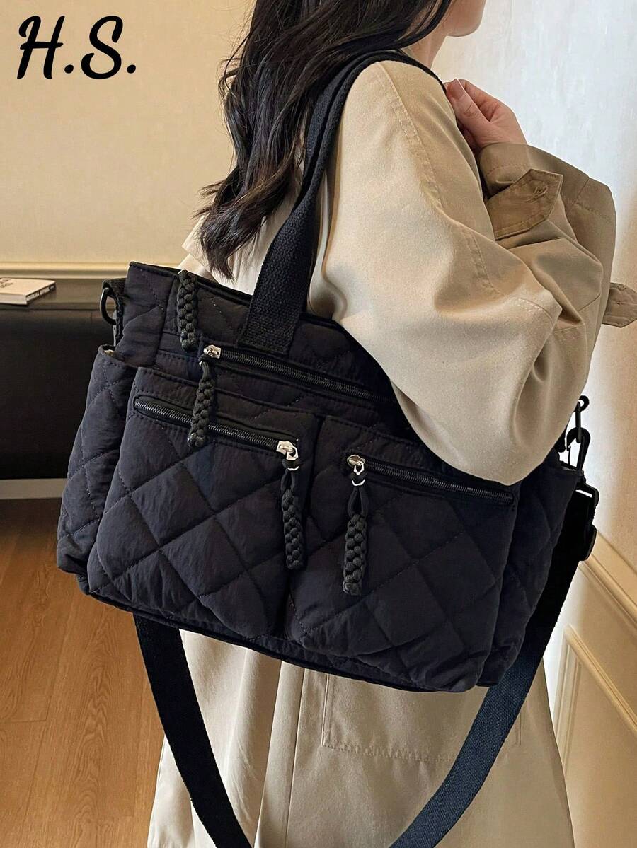 1 件黑色棉质绗缝刺绣女士手提包,多口袋实用多功能单肩包,轻便可折叠大容量手提包,大学/学校/工作/旅行包 - 黑色 - 查看 1