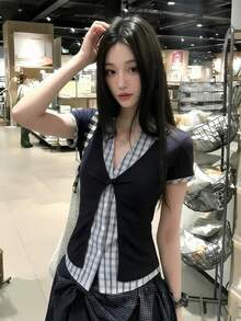 女士二合一格子短袖衬衫，修身翻领衬衫，带垫肩，学院风，适合初夏 - 藏蓝色 - 查看 3