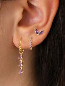 3pcs/Set Pendientes de acero inoxidable chapados en oro de 18K con forma de gota de agua triangular y circonita cúbica, regalo de joyería de moda creativa para fiestas de mujeres - Juego de pendientes de 3 piezas. - Ver 6