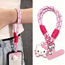 SANRIO Hello Kitty 粉色編織短款手腕手機掛繩附固定片，可愛甜美風，防丟通用手機鍊/鑰匙圈，2款，適合日常使用 - 查看 8