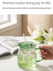 Taza de vidrio curativo de primavera, taza con pajita, taza de gran capacidad con escala, frasco Mason, taza de barriga grande para uso doméstico con tapa, taza para beber - Multicolor - Ver 3