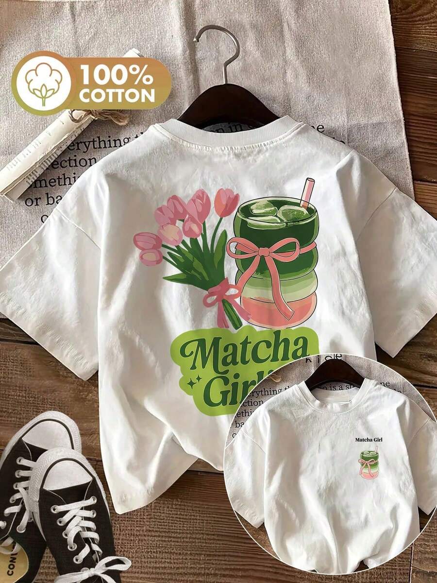 Camiseta de Mujer Cuello Redondo Algodón 100%, Estampado Doble Delante y Detrás Tulipán Bebida Lazo Matcha Girl, Diseño Casual Dulce - Blanco - Ver 1