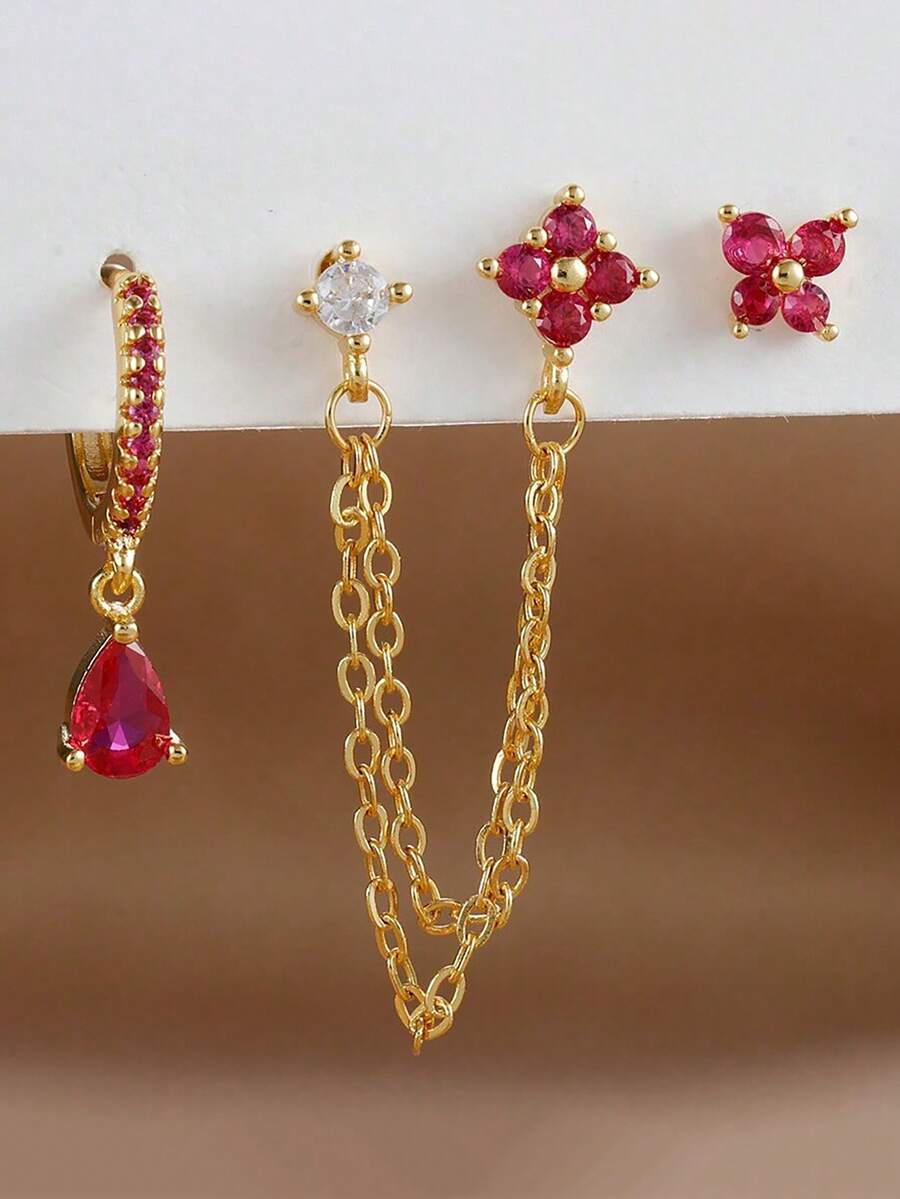 3pcs/Set, Single Ear Wear, 18K Gold Plated Copper Hoop Earrings And Stainless Steel Stud Earrings, Sparkling Butterfly Zirconia Flower Earrings, Women's Cartilage/Helix/Tragus Double Hole Chain Piercing Earrings, Girls Gift Jewelry - 3pcs Earrings Set - View 1