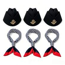 6, 2 Pieces European Air Hostess Pilot Matching Accessories Wheat Emblem Cap Contrast Red-Blue Striped Neck Bandana - Multicolor - View 17