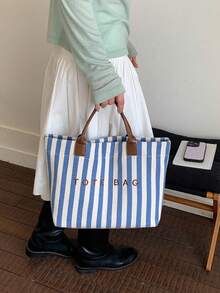 New Large Capacity Letter Decor Stripes Handbag, Multifunctional Commuter Tote Bag With Dual Handles For Women, Suitable For Commute,Beach Vacation - Blue - View 7