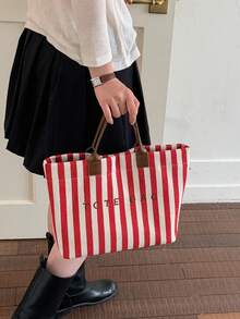 Nuevo bolso de mano con decoración de letras y rayas de gran capacidad, bolso tote multifuncional para el trabajo con asas dobles para mujeres, adecuado para ir al trabajo, vacaciones en la playa - Rojo - Ver 5
