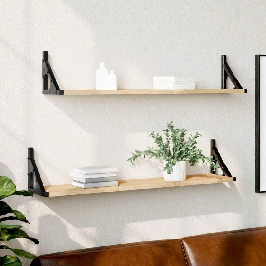vidaXL Wall Shelves, 2 Pieces, Light Oak Khaki, 80 X 15 X 15.5 Cm, Engineered Wood, Modern, Sturdy Wall Shelves, Rectangular Storage For Living Room, Space-Saving, Stylish, Practical - Light Oak Khaki - View 1