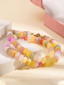 1PC 9mm Natural Stone Beaded Necklace For Women, Boho Oval Bead Choker, Colorful Statement Chain Jewelry, Summer Beach Gift - Multicolor - View 4