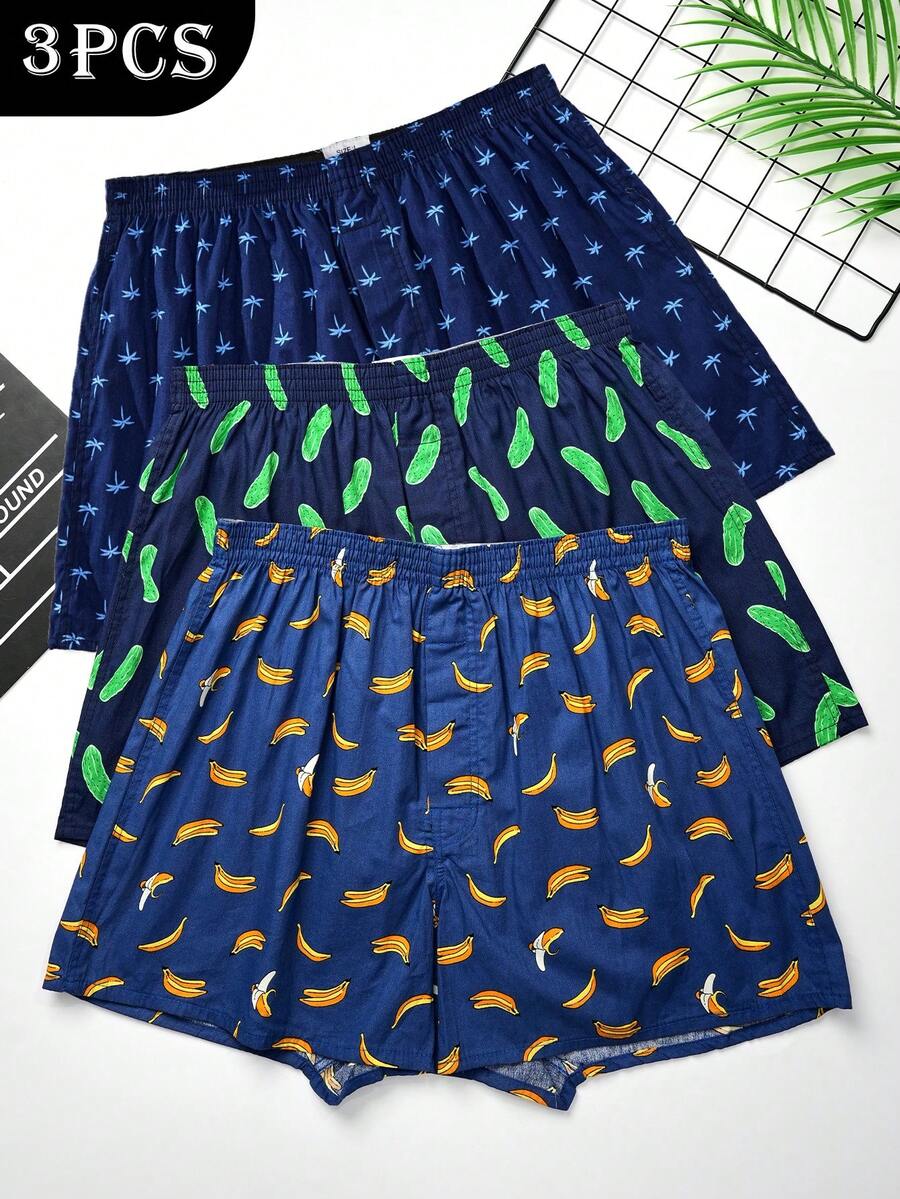 3 Pcs/Pack Men's Breathable Elastic Waist Printed Boxer Shorts, Loose Casual Underwear - Multicolor - View 1