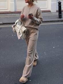 Senya Women's Elegant Solid Color Ribbed Knit Set, Zipper Cardigan Long Sleeve Jacket With Straight Leg Pants, Minimalist Slouchy Urban Commuter Outfit - Camel - View 7