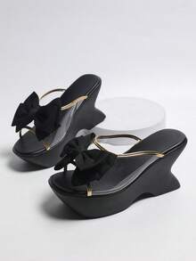 French Style Gold Trim Transparent Sandals, 3D Bow Thick Platform Wedge, Versatile Women's Shoes For Dating, Outings And Daily Wear,Summer Shoes - Black - View 1