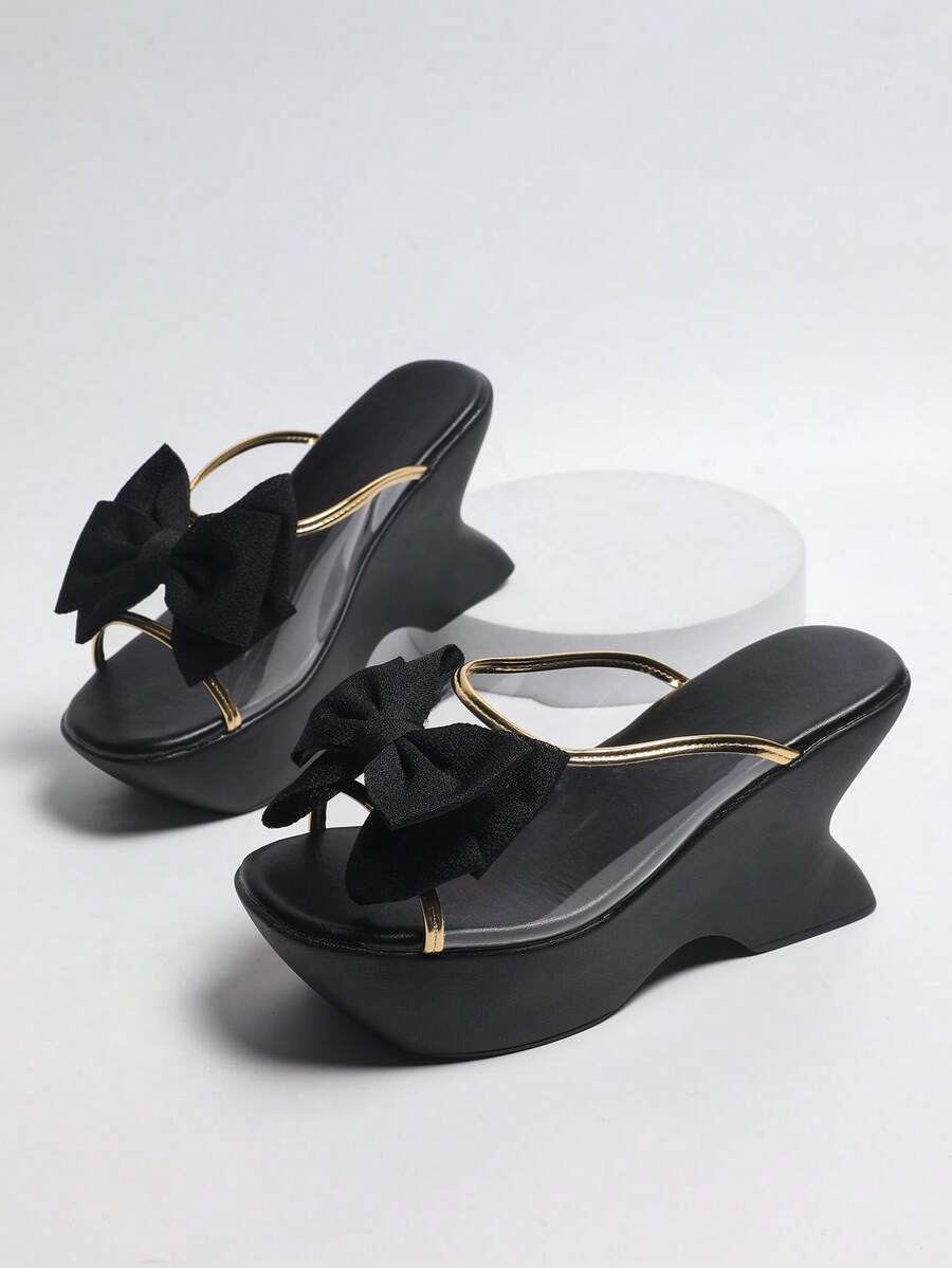 French Style Gold Trim Transparent Sandals, 3D Bow Thick Platform Wedge, Versatile Women's Shoes For Dating, Outings And Daily Wear,Summer Shoes - Black - View 1