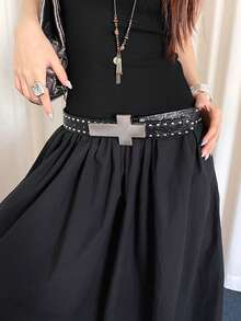 1 buah Sabuk Wanita Gaya Jalanan Vintage dengan Hiasan Rivet, Bahan PU Hitam - Hitam - View 4
