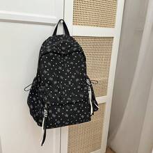 Women's Backpack | Corduroy Bow & Heart Print Casual Daily Bag, Drawstring Pocket Design Multifunctional Backpack, Suitable For Daily School Travel All Seasons - Black - View 5