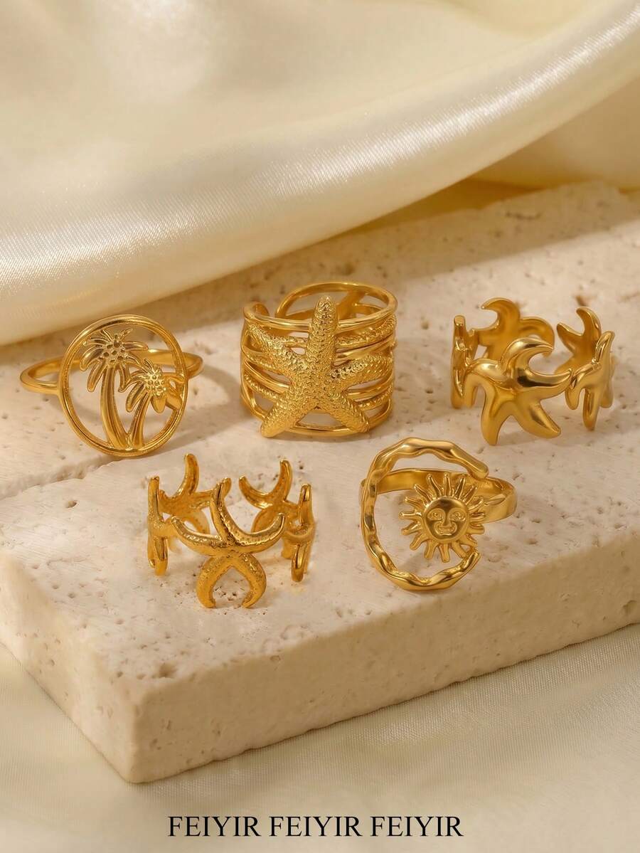 Fashionable Large C-Shaped Smiling Face Sun, Starfish And Coconut Tree Stainless Steel Ring, Gold Rust-Resistant Adjustable Finger Ring, Suitable For Women/Girlfriend/Best Friend, Summer Vacation Party Accessory, Exquisite Wedding Jewelry, Birthday Anniversary Gift - Multicolor - View 1